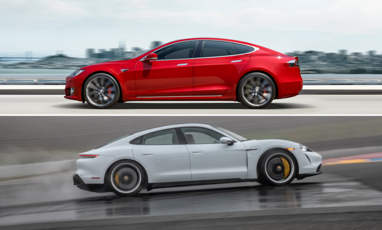 שתי תמונות של טסלה מודל S אדומה ומתחתיה תמונה של פורשה טייקאן טורבו S לבנה