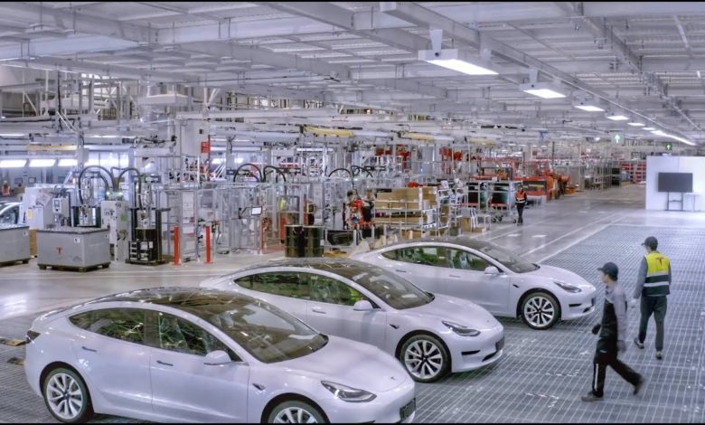 שורה של טסלה מודל 3 בצבע לבן עומדות באמצע המפעל בשנגחאי שבסין