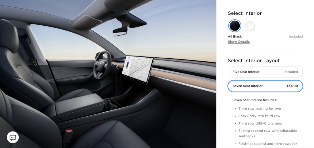 הזמנה דרך האתר של טסלה עם אופציה לשבע מקומות עבור הטסלה מודל Y