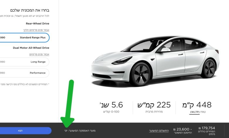 האתר של טסלה עם זמני אספקה ליוני לטסלה מודל 3