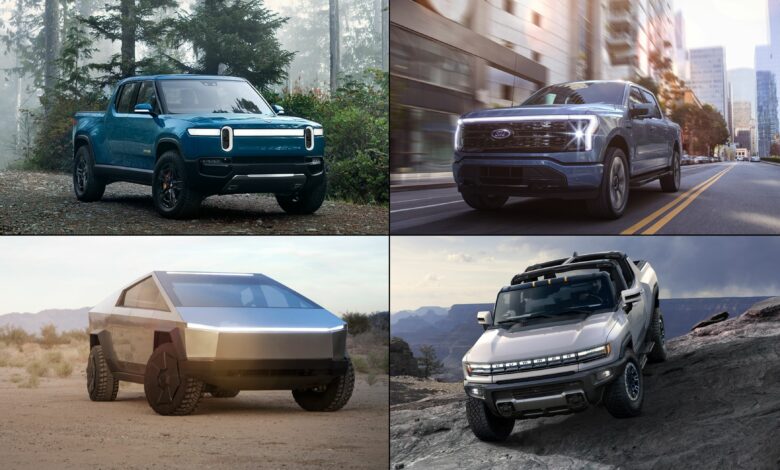 ארבעה טנדרים חשמליים של טסלה, ריביאן, פורד והאמר