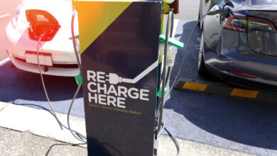 טסלה מודל S וניסאן ליף מחוברת לעמדת טעינה בניו זילנד עם הכיתוב Re Charge Here