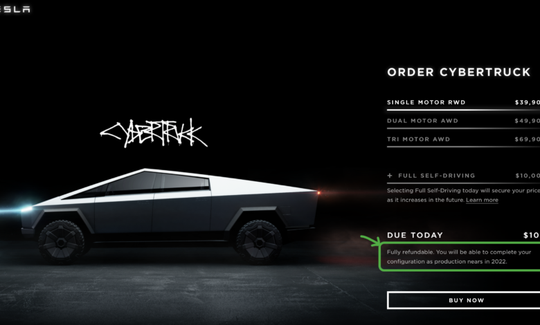 הודעה באתר של טסלה על העיכוב במסירות של הסייברטראק