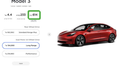 טסלה מודל 3 גרסת הלונג ריינג באתר של טסלה עם טווח מוצהר של 614 קילומטרים