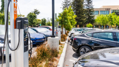שורה של רכבים חשמליים מחוברים לעמדת טעינה במפרץ סן פרנסיסקו