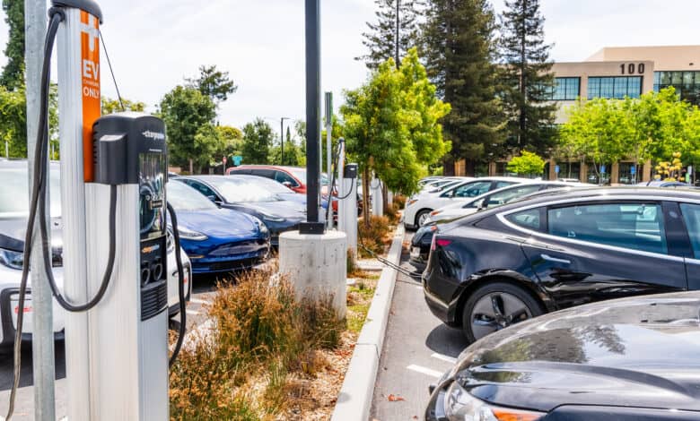 שורה של רכבים חשמליים מחוברים לעמדת טעינה במפרץ סן פרנסיסקו