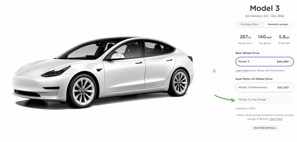 באתר טסלה, בעמוד של טסלה מודל 3, הכפתור לבחירת Long Range כבוי ולא ניתן לבחירה