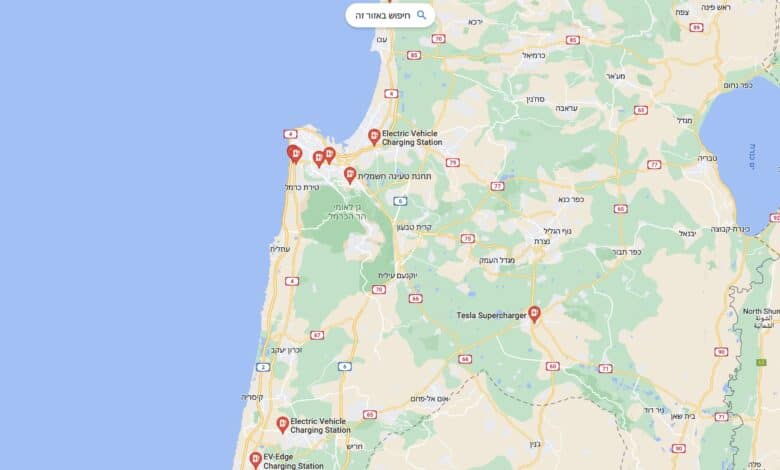 פריסה של עמדות טעינה לרכב חשמלי בגוגל מפות בישראל