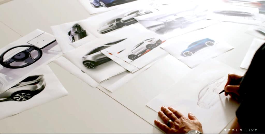 שרטוטים של עיצובים של הרכב של טסלה