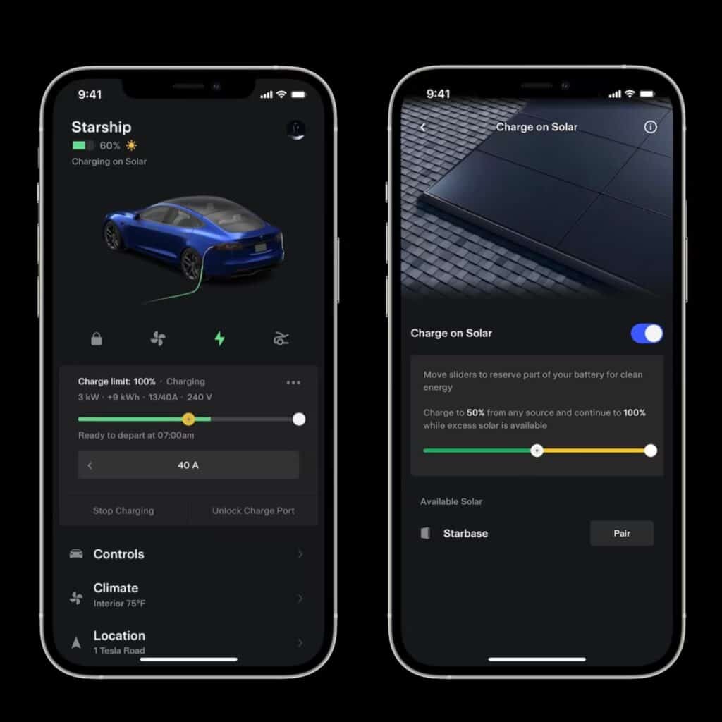 שני מסכים באפליקציה של טסלה, שמאפשרים לשלוט על כמות הטעינה שתגיע מאנרגיה סולארית.