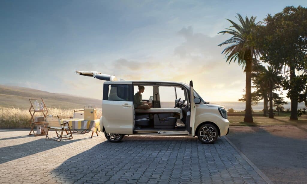 הצגה של פנים הרכב של הקיה ריי EV כאשר הדלתות פתוחות