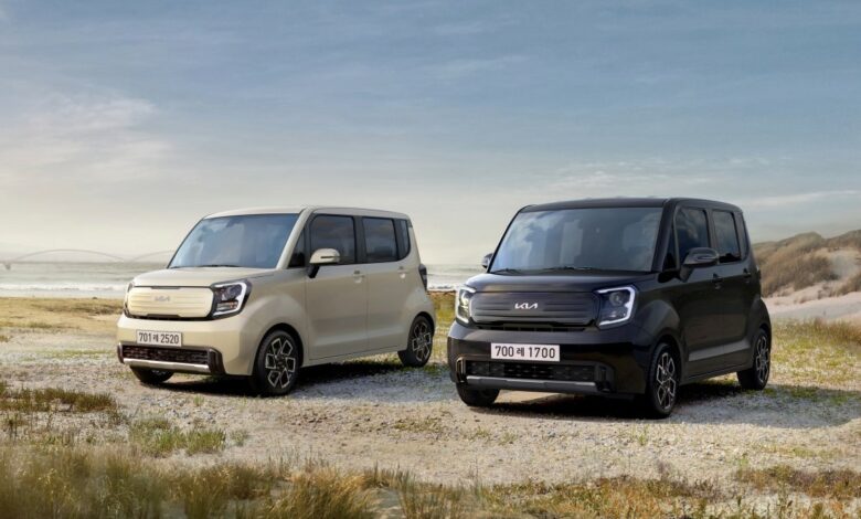 שני רכבי קיה ריי EV חשמליים, אחד בצבע לבן ואחד בשחור עומדים אחד ליד השני