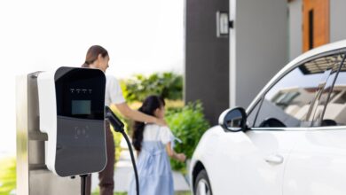 עמדת טעינה ביתית לצד רכב חשמלי לבן מותקנת בבית פרטי