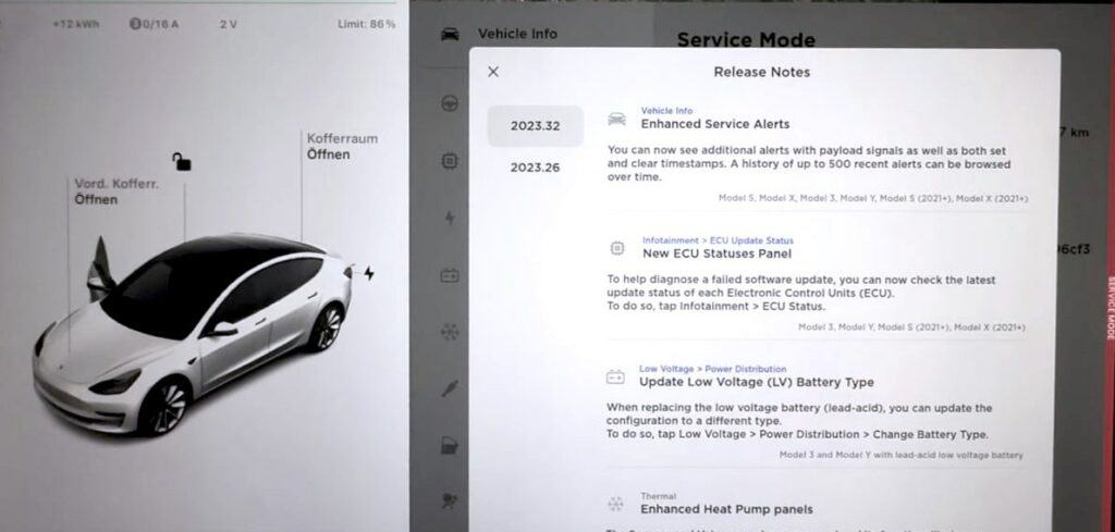 מצב שירות בגרסה 32.6.2023 של טסלה