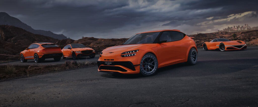 מבט קדמי על גרסת ביצועים של ג׳נסיס GV60 מאגמה