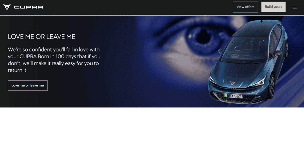 הכיתוב LOVE ME OR LEAVE ME באתר של קופרה, המבשר על האפשרות להחזיר את הרכב