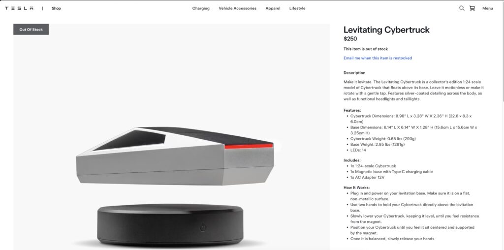 המוצר טסלה סייברטראק מרחף באתר של טסלה עם הכיתוב Out of Stock