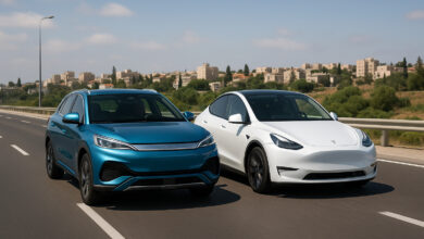 טסלה מודל Y לצד BYD אטו 3 בנסיעה בכביש מהיר בישראל