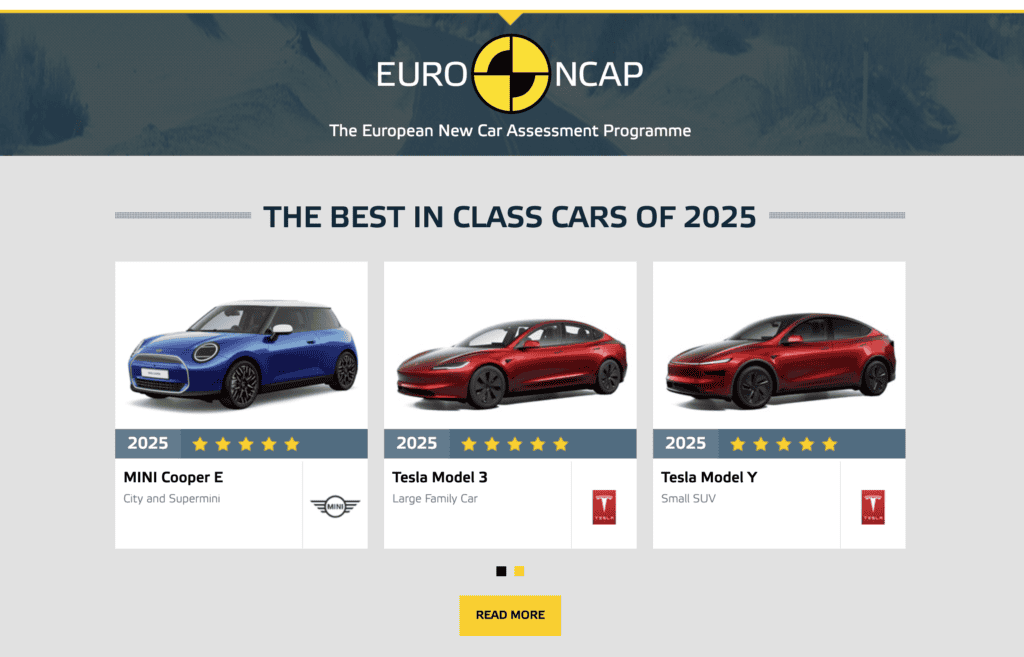 שלושה רכבים חשמליים מופיעים בתור המובילים בקטגוריה של אתר Euro NCAP