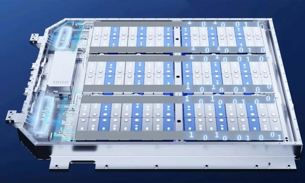 הדמיה של סוללת 5C של CATL, עם מארז הסוללה ובתוכו מודולים של הסוללה